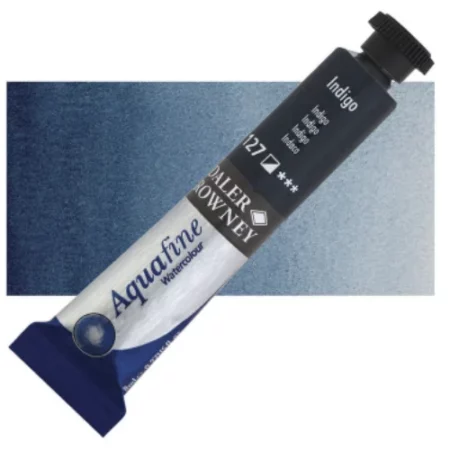 Indigo Daler Rowney Aquafine Watercolour is sitting horizontally across the image with the lid facing the top right corner. it has a black lid and a blue bottom end. the name of the product is on the top middle of the tube, it is lying across a horizontal strip of the same colour that is in the center of the image. On a white background.