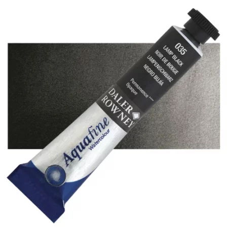 Lamp Black Daler Rowney Aquafine Watercolour is sitting horizontally across the image with the lid facing the top right corner. it has a black lid and a blue bottom end. the name of the product is on the top middle of the tube, it is lying across a horizontal strip of the same colour that is in the center of the image. On a white background.