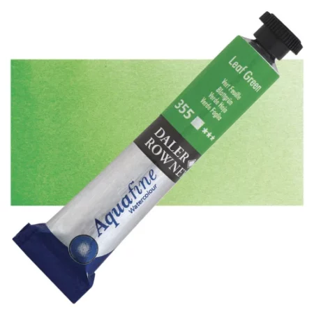 Leaf Green Daler Rowney Aquafine Watercolour is sitting horizontally across the image with the lid facing the top right corner. it has a black lid and a blue bottom end. the name of the product is on the top middle of the tube, it is lying across a horizontal strip of the same colour that is in the center of the image. On a white background.