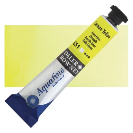 Lemon Yellow Daler Rowney Aquafine Watercolour is sitting horizontally across the image with the lid facing the top right corner. it has a black lid and a blue bottom end. the name of the product is on the top middle of the tube, it is lying across a horizontal strip of the same colour that is in the center of the image. On a white background.