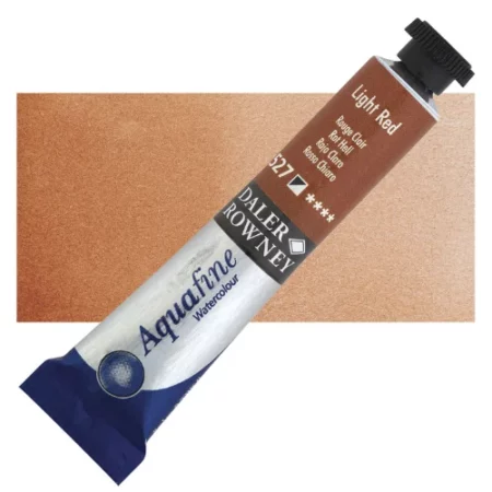 Light Red Daler Rowney Aquafine Watercolour is sitting horizontally across the image with the lid facing the top right corner. it has a black lid and a blue bottom end. the name of the product is on the top middle of the tube, it is lying across a horizontal strip of the same colour that is in the center of the image. On a white background.