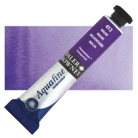 Mauve Daler Rowney Aquafine Watercolour is sitting horizontally across the image with the lid facing the top right corner. it has a black lid and a blue bottom end. the name of the product is on the top middle of the tube, it is lying across a horizontal strip of the same colour that is in the center of the image. On a white background.