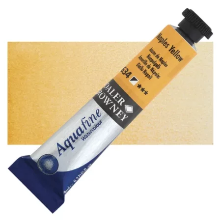 Naples Yellow Daler Rowney Aquafine Watercolour is sitting horizontally across the image with the lid facing the top right corner. it has a black lid and a blue bottom end. the name of the product is on the top middle of the tube, it is lying across a horizontal strip of the same colour that is in the center of the image. On a white background.