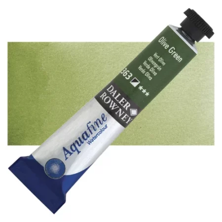 Olive Green Daler Rowney Aquafine Watercolour is sitting horizontally across the image with the lid facing the top right corner. it has a black lid and a blue bottom end. the name of the product is on the top middle of the tube, it is lying across a horizontal strip of the same colour that is in the center of the image. On a white background.