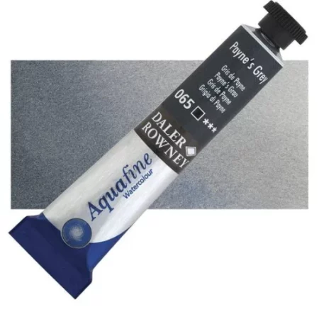 Paynes Grey Daler Rowney Aquafine Watercolour is sitting horizontally across the image with the lid facing the top right corner. it has a black lid and a blue bottom end. the name of the product is on the top middle of the tube, it is lying across a horizontal strip of the same colour that is in the center of the image. On a white background.