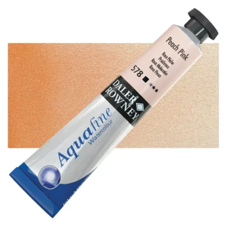 Peach Pink Daler Rowney Aquafine Watercolour is sitting horizontally across the image with the lid facing the top right corner. it has a black lid and a blue bottom end. the name of the product is on the top middle of the tube, it is lying across a horizontal strip of the same colour that is in the center of the image. On a white background.