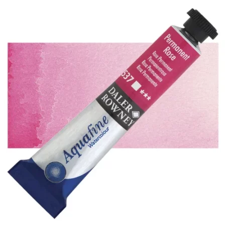 Permanent Rose Daler Rowney Aquafine Watercolour is sitting horizontally across the image with the lid facing the top right corner. it has a black lid and a blue bottom end. the name of the product is on the top middle of the tube, it is lying across a horizontal strip of the same colour that is in the center of the image. On a white background.