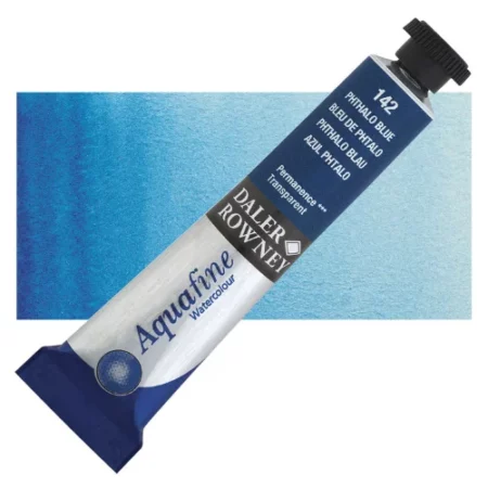 Phthalo Blue Daler Rowney Aquafine Watercolour is sitting horizontally across the image with the lid facing the top right corner. it has a black lid and a blue bottom end. the name of the product is on the top middle of the tube, it is lying across a horizontal strip of the same colour that is in the center of the image. On a white background.