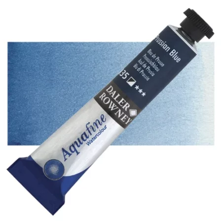 Prussian Blue Daler Rowney Aquafine Watercolour is sitting horizontally across the image with the lid facing the top right corner. it has a black lid and a blue bottom end. the name of the product is on the top middle of the tube, it is lying across a horizontal strip of the same colour that is in the center of the image. On a white background.