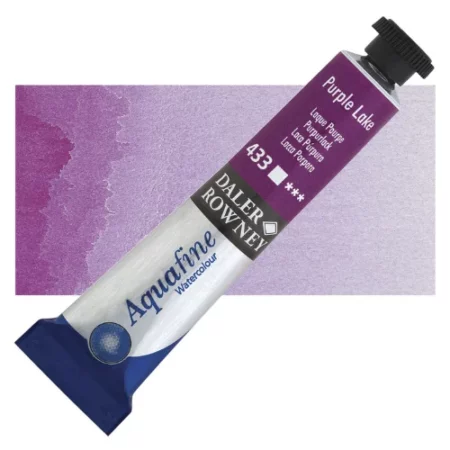 Purple Daler Rowney Aquafine Watercolour is sitting horizontally across the image with the lid facing the top right corner. it has a black lid and a blue bottom end. the name of the product is on the top middle of the tube, it is lying across a horizontal strip of the same colour that is in the center of the image. On a white background.