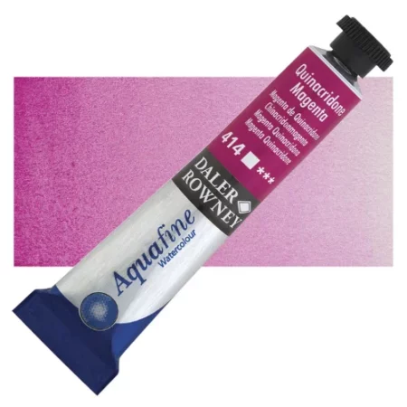 Quinacridone Magenta Daler Rowney Aquafine Watercolour is sitting horizontally across the image with the lid facing the top right corner. it has a black lid and a blue bottom end. the name of the product is on the top middle of the tube, it is lying across a horizontal strip of the same colour that is in the center of the image. On a white background.