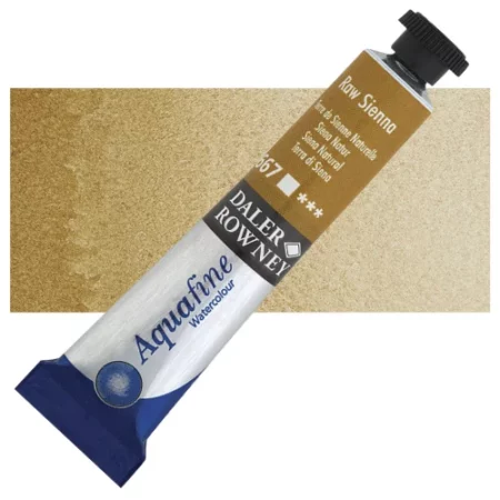 Raw Sienna Daler Rowney Aquafine Watercolour is sitting horizontally across the image with the lid facing the top right corner. it has a black lid and a blue bottom end. the name of the product is on the top middle of the tube, it is lying across a horizontal strip of the same colour that is in the center of the image. On a white background.