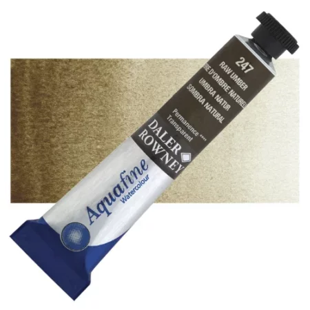 Raw Umber Daler Rowney Aquafine Watercolour is sitting horizontally across the image with the lid facing the top right corner. it has a black lid and a blue bottom end. the name of the product is on the top middle of the tube, it is lying across a horizontal strip of the same colour that is in the center of the image. On a white background.