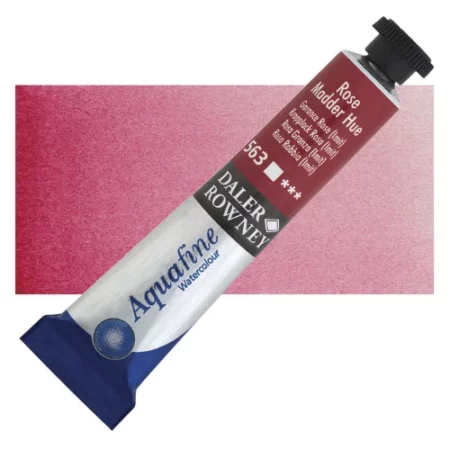 Rose Madder Hue Daler Rowney Aquafine Watercolour is sitting horizontally across the image with the lid facing the top right corner. it has a black lid and a blue bottom end. the name of the product is on the top middle of the tube, it is lying across a horizontal strip of the same colour that is in the center of the image. On a white background.