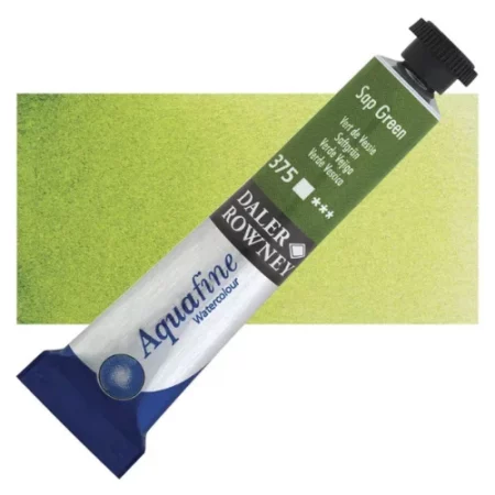 Sap Green Daler Rowney Aquafine Watercolour is sitting horizontally across the image with the lid facing the top right corner. it has a black lid and a blue bottom end. the name of the product is on the top middle of the tube, it is lying across a horizontal strip of the same colour that is in the center of the image. On a white background.