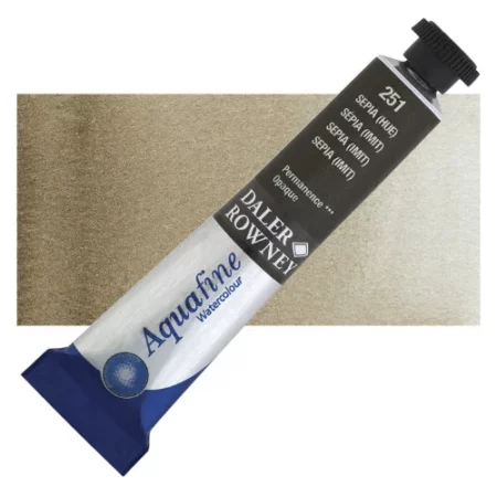 Sepia Hue Daler Rowney Aquafine Watercolour is sitting horizontally across the image with the lid facing the top right corner. it has a black lid and a blue bottom end. the name of the product is on the top middle of the tube, it is lying across a horizontal strip of the same colour that is in the center of the image. On a white background.