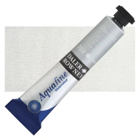 Silver Imitation Daler Rowney Aquafine Watercolour is sitting horizontally across the image with the lid facing the top right corner. it has a black lid and a blue bottom end. the name of the product is on the top middle of the tube, it is lying across a horizontal strip of the same colour that is in the center of the image. On a white background.