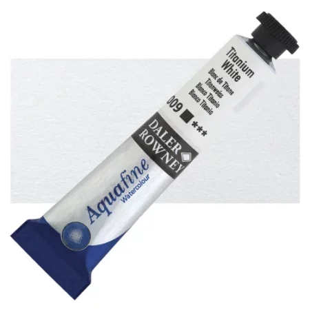 Daler Rowney Aquafine Titanium White is sitting horizontally across the image with the lid facing the top right corner. it has a black lid and a blue bottom end. the name of the product is on the top middle of the tube, it is lying across a horizontal strip of the same colour that is in the center of the image. On a white background.