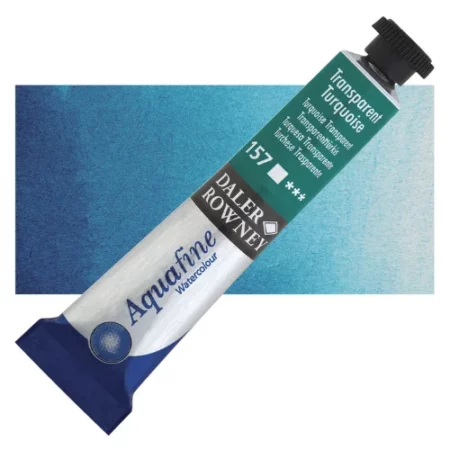 Transparent Turquoise Daler Rowney Aquafine Watercolour is sitting horizontally across the image with the lid facing the top right corner. it has a black lid and a blue bottom end. the name of the product is on the top middle of the tube, it is lying across a horizontal strip of the same colour that is in the center of the image. On a white background.