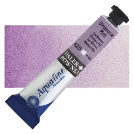 Ultramarine Pink Daler Rowney Aquafine Watercolour is sitting horizontally across the image with the lid facing the top right corner. it has a black lid and a blue bottom end. the name of the product is on the top middle of the tube, it is lying across a horizontal strip of the same colour that is in the center of the image. On a white background.