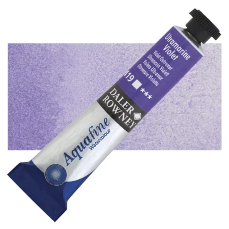 Ultramarine Violet Daler Rowney Aquafine Watercolour is sitting horizontally across the image with the lid facing the top right corner. it has a black lid and a blue bottom end. the name of the product is on the top middle of the tube, it is lying across a horizontal strip of the same colour that is in the center of the image. On a white background.