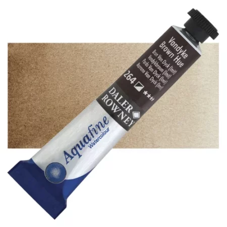 daler-rowney-aquafine-van-dyk-brown is sitting horizontally across the image with the lid facing the top right corner. it has a black lid and a blue bottom end. the name of the product is on the top middle of the tube, it is lying across a horizontal strip of the same colour that is in the center of the image. On a white background.