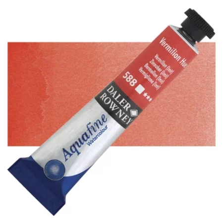 Vermillion Hue Daler Rowney Aquafine Watercolour is sitting horizontally across the image with the lid facing the top right corner. it has a black lid and a blue bottom end. the name of the product is on the top middle of the tube, it is lying across a horizontal strip of the same colour that is in the center of the image. On a white background.