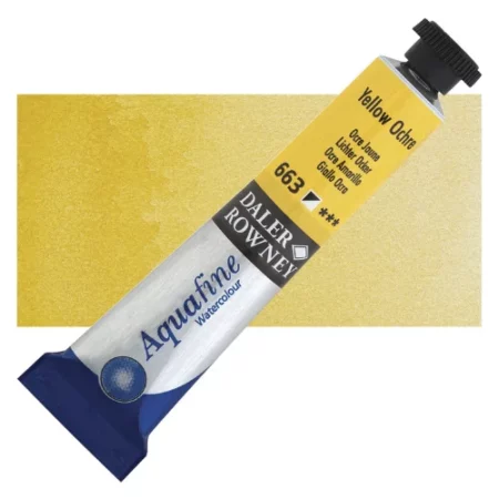 Yellow Ochre Daler Rowney Aquafine Watercolour is sitting horizontally across the image with the lid facing the top right corner. it has a black lid and a blue bottom end. the name of the product is on the top middle of the tube, it is lying across a horizontal strip of the same colour that is in the center of the image. On a white background.