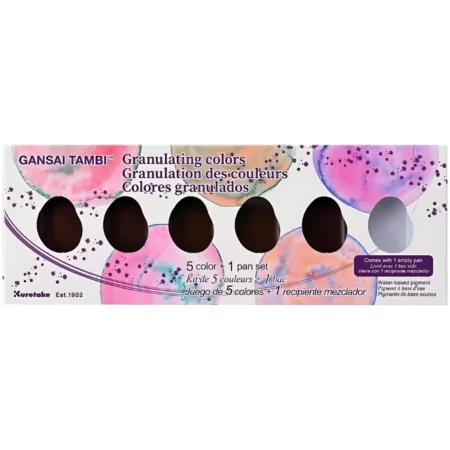 gansai tambi watercolour granulating is in the center of the image. the packaging is pink and purple and white circles with touches of oranges. there are 6 egg shaped holes in the center of the packaging. with darker colours inside of them. they are on a white background.