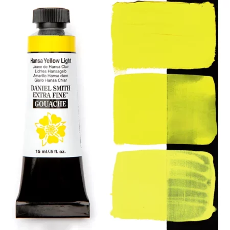 Hansa Yellow Light Daniel Smith Gouache 15ml S1 is sitting to the left of the image. the tube is black with a white label with the logo and the name and colour details of the product written on it. the lid is black. on the right hand side of it is a black stripe and there are three wipes of paint horizontally on it showing how the paint looks on a white and a black background. the background is white.