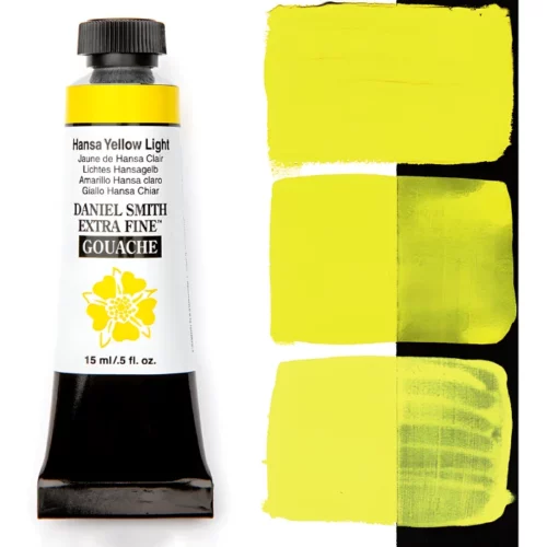 Hansa Yellow Light Daniel Smith Gouache 15ml S1 is sitting to the left of the image. the tube is black with a white label with the logo and the name and colour details of the product written on it. the lid is black. on the right hand side of it is a black stripe and there are three wipes of paint horizontally on it showing how the paint looks on a white and a black background. the background is white.