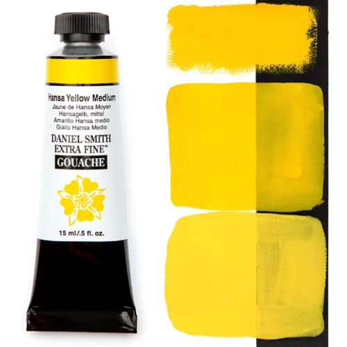 Hansa Yellow Medium Daniel Smith Gouache 15ml S2 is sitting to the left of the image. the tube is black with a white label with the logo and the name and colour details of the product written on it. the lid is black. on the right hand side of it is a black stripe and there are three wipes of paint horizontally on it showing how the paint looks on a white and a black background. the background is white.