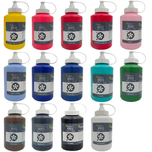 the iris 500ml paints are all lined up and label facing forward. the colours are showing in rainbow order. from left to right. there are 14 bottles of paint in the image. they are all clear bottles showing the colours inside. with white flick lids. on a white background in the center of the image.