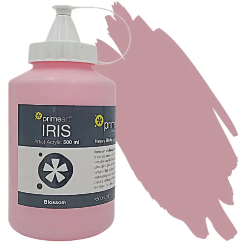 Blossom Iris Acrylic Paint 500ml image has a swipe of colour down the right hand side of the image horizontal. the large tub is on the left hand side with the name, colour and size shown. on a white background.