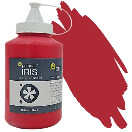 Brilliant Red Iris Acrylic Paint 500ml image has a swipe of colour down the right hand side of the image horizontal. the large tub is on the left hand side with the name, colour and size shown. on a white background.