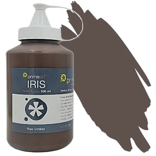 Raw Umber Acrylic Paint 500ml image has a swipe of colour down the right hand side of the image horizontal. the large tub is on the left hand side with the name, colour and size shown. on a white background.