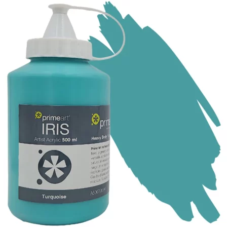 Turquoise Acrylic Paint 500ml image has a swipe of colour down the right hand side of the image horizontal. the large tub is on the left hand side with the name, colour and size shown. on a white background.