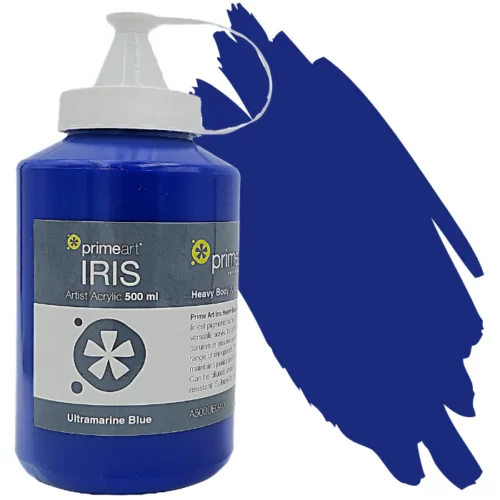 Ultramarine Blue Acrylic Paint 500ml image has a swipe of colour down the right hand side of the image horizontal. the large tub is on the left hand side with the name, colour and size shown. on a white background.