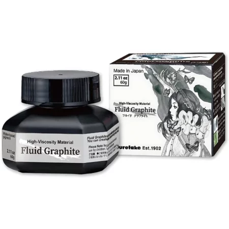 Kuretake Fluid Graphite 60g is in the center of the image with the open bottlw on the left and the box on the right. the bottle on the left is black with a light grey label and a black lid. the box on the right is blacks and grey and white. with an image of a girl on it. they are on a white background in the center of the image