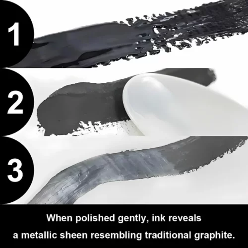 Kuretake Fluid Graphite 60g have been used in various techniques on this image. with the numbers 1 2 and 3 written on the left hand side and various swipes of the graphite ink on the right hand side. showcasing how versatile it is. on the bottom is a little blurb describing the different techniques.