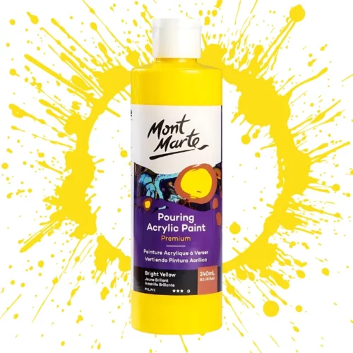 Bright Yellow Mont Marte Pouring Acrylic 240ml is in the centre of the image. the bottle is facing the front with the label clearly showing the name and colour of the product. the label is purple with and orange circle on the top right hand side of it. the bottle is sitting on a paint splat circle made of the same colour of the paint inside the bottle. in the centre of the image on a white background.