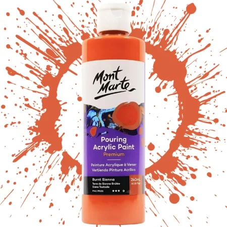 Burnt Sienna Mont Marte Pouring Acrylic 240ml is in the centre of the image. the bottle is facing the front with the label clearly showing the name and colour of the product. the label is purple with and orange circle on the top right hand side of it. the bottle is sitting on a paint splat circle made of the same colour of the paint inside the bottle. in the centre of the image on a white background.