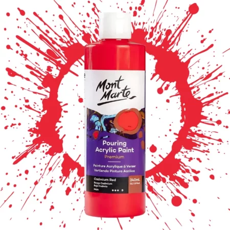 Cadmium Red Mont Marte Pouring Acrylic 240ml is in the centre of the image. the bottle is facing the front with the label clearly showing the name and colour of the product. the label is purple with and orange circle on the top right hand side of it. the bottle is sitting on a paint splat circle made of the same colour of the paint inside the bottle. in the centre of the image on a white background.