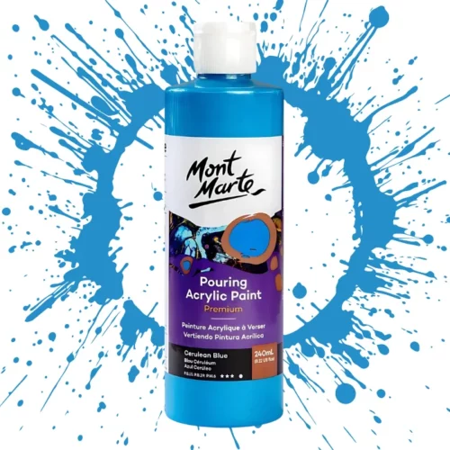 Cerulean Blue Mont Marte Pouring Acrylic 240ml is in the centre of the image. the bottle is facing the front with the label clearly showing the name and colour of the product. the label is purple with and orange circle on the top right hand side of it. the bottle is sitting on a paint splat circle made of the same colour of the paint inside the bottle. in the centre of the image on a white background.