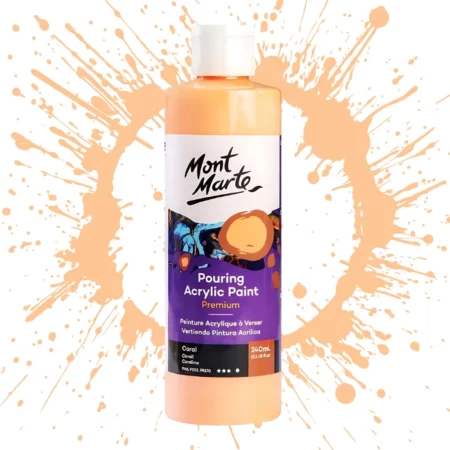 Coral Mont Marte Pouring Acrylic 240ml is in the centre of the image. the bottle is facing the front with the label clearly showing the name and colour of the product. the label is purple with and orange circle on the top right hand side of it. the bottle is sitting on a paint splat circle made of the same colour of the paint inside the bottle. in the centre of the image on a white background.