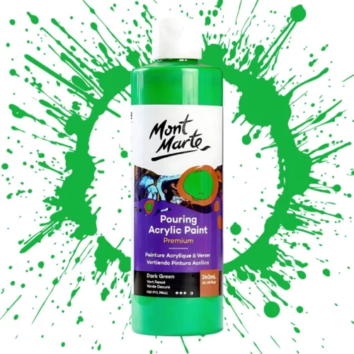 Dark Green Mont Marte Pouring Acrylic 240ml is in the centre of the image. the bottle is facing the front with the label clearly showing the name and colour of the product. the label is purple with and orange circle on the top right hand side of it. the bottle is sitting on a paint splat circle made of the same colour of the paint inside the bottle. in the centre of the image on a white background.