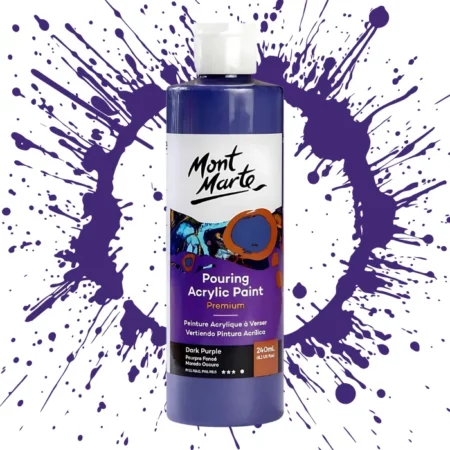 Dark Purple Mont Marte Pouring Acrylic 240ml is in the centre of the image. the bottle is facing the front with the label clearly showing the name and colour of the product. the label is purple with and orange circle on the top right hand side of it. the bottle is sitting on a paint splat circle made of the same colour of the paint inside the bottle. in the centre of the image on a white background.