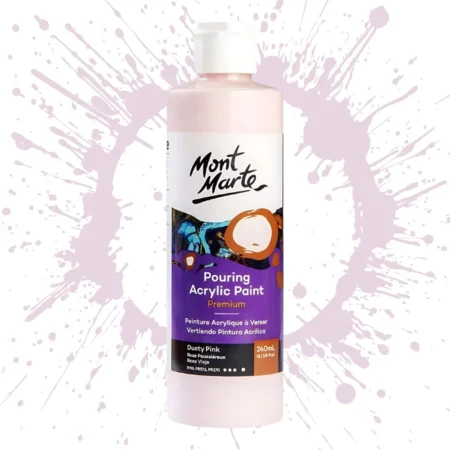 Dusty Pink Mont Marte Pouring Acrylic 240ml is in the centre of the image. the bottle is facing the front with the label clearly showing the name and colour of the product. the label is purple with and orange circle on the top right hand side of it. the bottle is sitting on a paint splat circle made of the same colour of the paint inside the bottle. in the centre of the image on a white background.