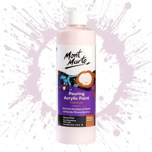 Dusty Pink Mont Marte Pouring Acrylic 240ml is in the centre of the image. the bottle is facing the front with the label clearly showing the name and colour of the product. the label is purple with and orange circle on the top right hand side of it. the bottle is sitting on a paint splat circle made of the same colour of the paint inside the bottle. in the centre of the image on a white background.