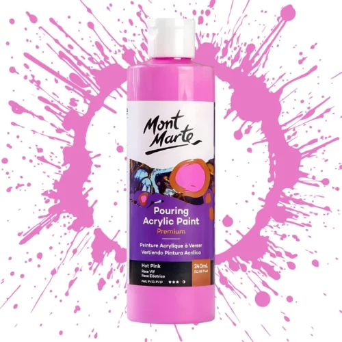 Hot Pink Mont Marte Pouring Acrylic 240ml is in the centre of the image. the bottle is facing the front with the label clearly showing the name and colour of the product. the label is purple with and orange circle on the top right hand side of it. the bottle is sitting on a paint splat circle made of the same colour of the paint inside the bottle. in the centre of the image on a white background.